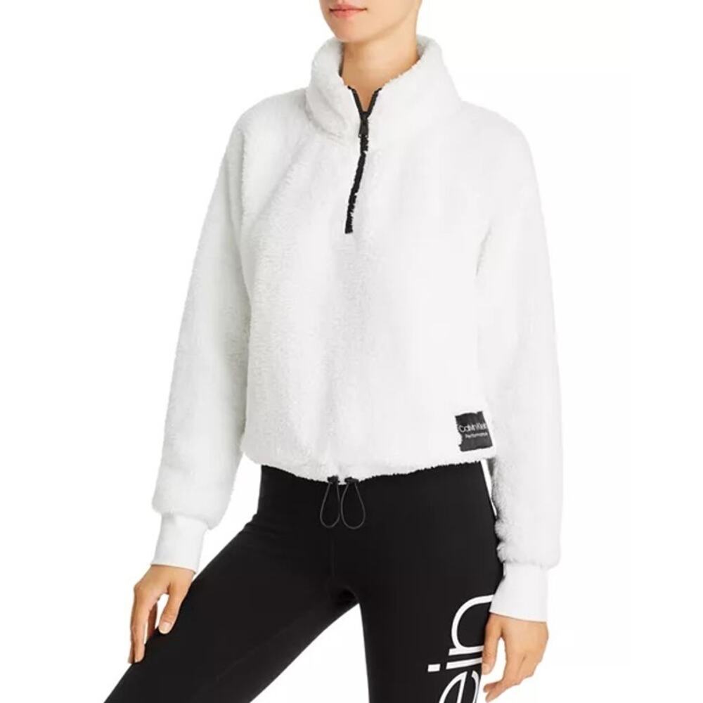$70 Calvin Klein Performance White Quarter-Zip Fleece Crop Sweatshirt - S/P